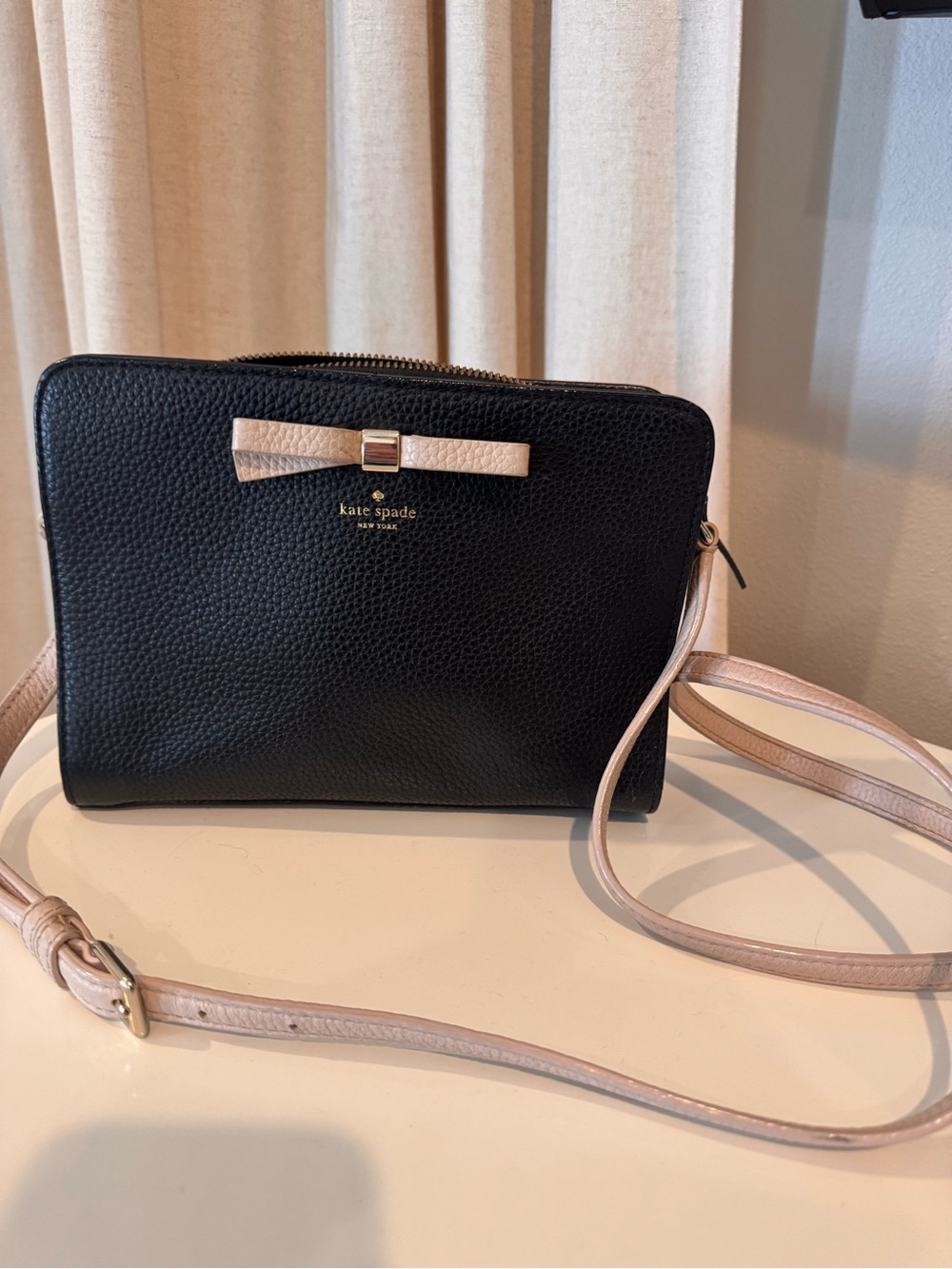 kate spade Black Pebbled Leather Crossbody with Cream Bow Accent